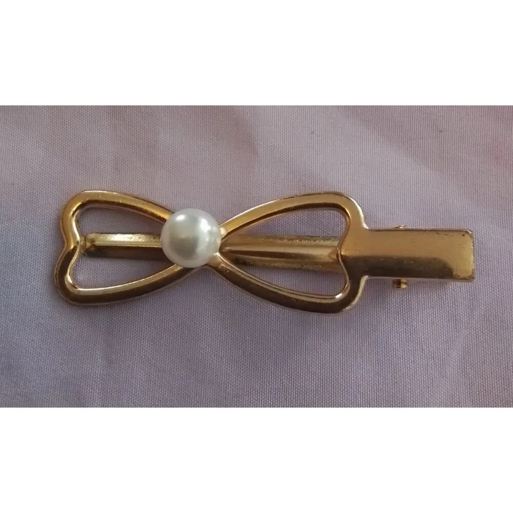 Vintage Gold Tone Bow Tie Hair Clip Barrette With Faux Pearl Accent